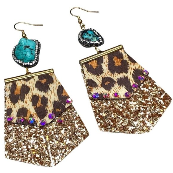 Ella & Elly Turquoise & Leopard Sequin Drop Earrings - Picture 1 of 4